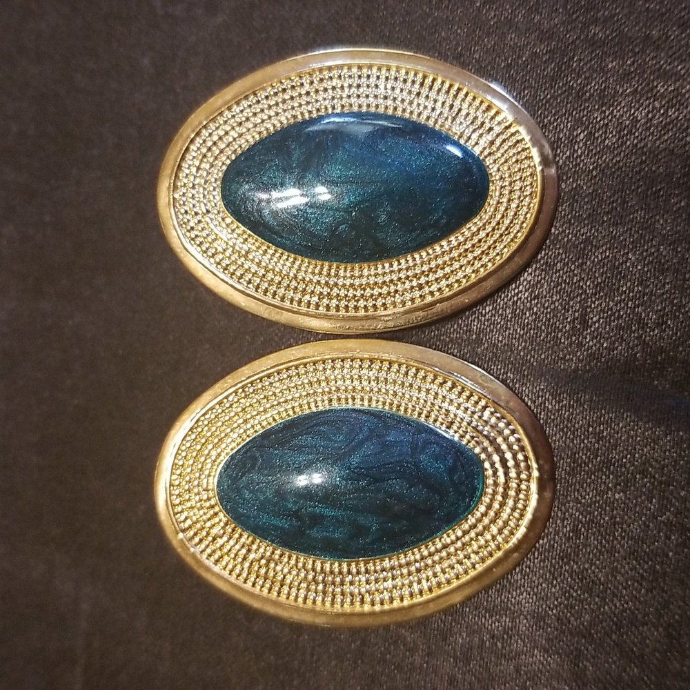 Vintage Gold Tone with Smimmery Teal and Black Center Earrings